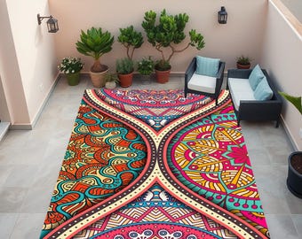 Alfombra Estampada Mandala, Alfombra Mandala, Alfombra Suave, Alfombra de Terraza, Alfombra de Balcón, Alfombra de Diseño Vintage, Alfombra de Impresión Digital, Antideslizante, Lavable
