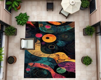Alfombra colorida, alfombra para terraza, alfombra para balcón, alfombra de diseño vintage, alfombra abstracta, alfombra con impresión digital, antideslizante, lavable
