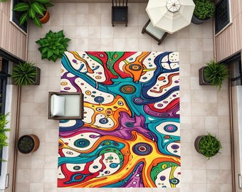 Alfombra colorida, alfombra para terraza, alfombra para balcón, alfombra de diseño vintage, alfombra abstracta, alfombra con impresión digital, antideslizante, lavable