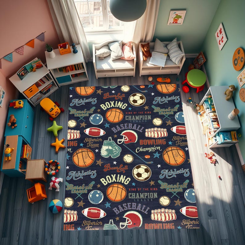 May include: A blue and white sports themed rug with illustrations of baseball, boxing, bowling, and athletics. The rug has a repeating pattern of sports equipment and text.
