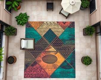 Alfombra colorida, alfombra para terraza, alfombra para balcón, alfombra de diseño vintage, alfombra abstracta, alfombra con impresión digital, antideslizante, lavable