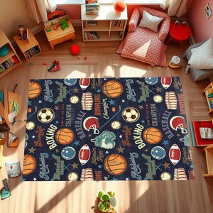 May include: A blue and white rug with a repeating pattern of sports equipment and text. The text includes "Boxing", "Baseball", "Bowling", and "Champion".