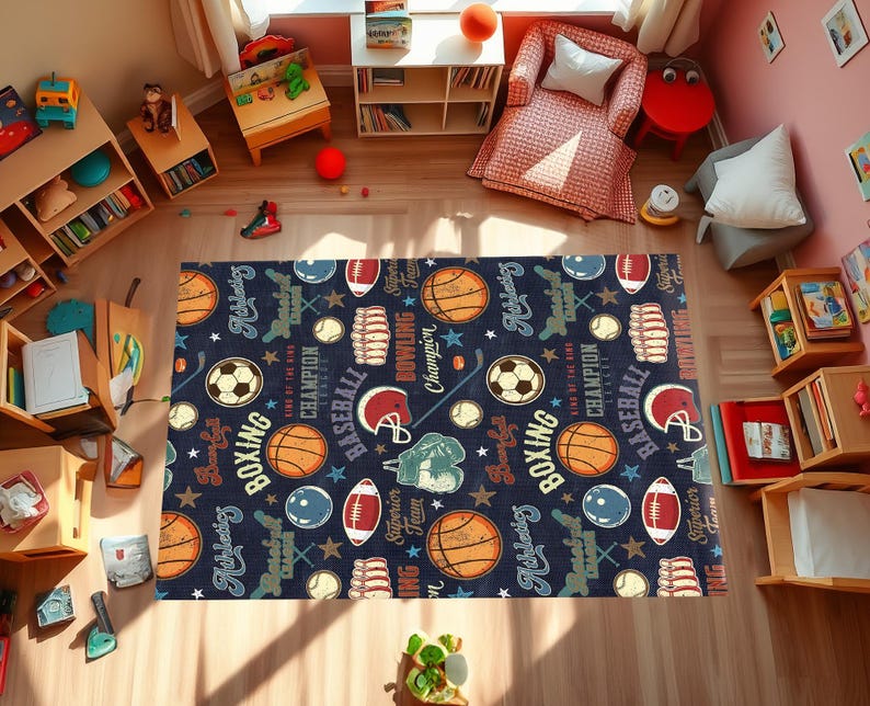 May include: A blue and white rug with a repeating pattern of sports equipment and text. The text includes "Boxing", "Baseball", "Bowling", and "Champion".