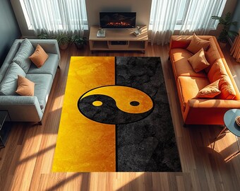 Alfombra Ying Yang, alfombra japonesa, alfombra multicolor con base negra y temática Ying Yang, alfombra Ying Yang, alfombra para sala de estar, alfombra para dormitorio, antideslizante