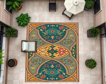Alfombra Vintage, Alfombra Colorida, Alfombra Terraza, Alfombra Balcón, Alfombra Diseño Vintage, Alfombra Abstracta, Alfombra Impresión Digital, Antideslizante, Lavable