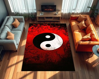 Alfombra Ying Yang, alfombra japonesa, alfombra multicolor con base negra y temática Ying Yang, alfombra Ying Yang, alfombra para sala de estar, alfombra para dormitorio, antideslizante