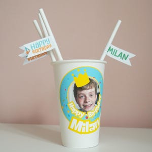 Bicchieri di carta adesivi personalizzati per compleanno bambini | Con nome e foto | Adesivi per bicchieri da festa | Decorazioni per feste per bambini personalizzate