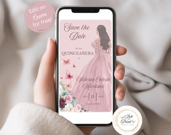 Pink Quinceañera Save the Date: Princess Gown, Floral (Editable Canva Template)
