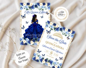 May include: Blue and gold Quinceañera save the date cards with floral designs and butterflies. The text reads "Save the Date for the Quinceañera of Victoria Celeste Martinez, Sat Dec 15, 20XX at 3 PM, City, State 5555".