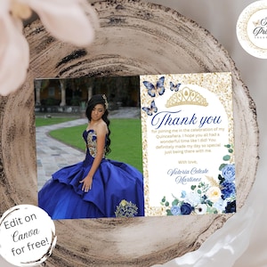 Blau Gold Quinceanera Danke Karte Navy Weiß Quitte Einladen 15 Schmetterlinge Sweet 16 Bearbeitbare XV Vorlage Party Einladen SOFORTIGER DOWNLOAD