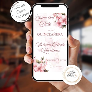 ピンクの花柄モバイルSave the Date Quince招待状Sweet 16編集可能な招待状テンプレート誕生日パーティーブライダルシャワーベビーインスタントダウンロード