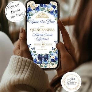 Blue Gold Mobile Save the Date Navy White Quince Invite 15 farfalle Sweet 16 Modificabile Invite XV Modello Party Invite DOWNLOAD IMMEDIATO