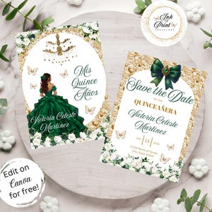 Può includere: Due biglietti di salvataggio della data per una Quinceañera. La carta a sinistra presenta un abito verde con dettagli dorati e un lampadario. La carta a destra presenta un design floreale bianco e oro con un fiocco verde. Entrambe le carte presentano il testo "Save the Date" e il nome "Victoria Celeste Martinez".