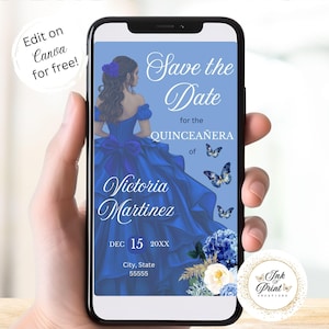 Royal Blue Quinceañera Save the Date Mobile Invite: Editable Template (1080x1920 px Digital Download