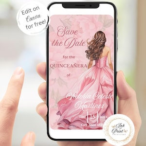 ダークピンクとブラッシュピンクのモバイルSave the Date Quince招待状 Sweet 16編集可能な招待状テンプレート 誕生日パーティー ブライダルシャワー 即時ダウンロード