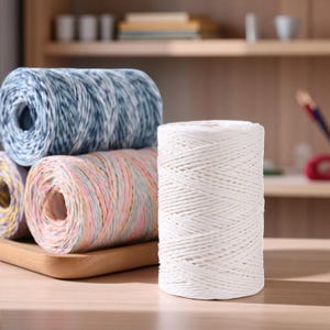 May include: A collection of colorful spools of twine, including blue, pink, and white. The twine is tightly wound and appears to be made of natural fibers. The spools are arranged on a wooden tray and a table, suggesting a craft or DIY theme.