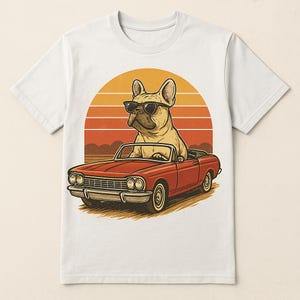 Grappig Bulldog Rijdend Vintage Auto T-shirt - Cool Retro Zonsondergang Honden T-shirt - Perfect Cadeau voor Hondenvaders