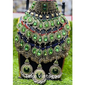 Green Afghan nikkah full jewellery set | Afghani Jewelry set | Afghan Choker Necklace headpiece | Kuchi Jewelry afghan jewelry set | Earring