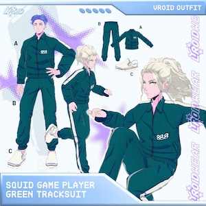May include: Illustration of a green Squid Game Player tracksuit. The tracksuit includes a jacket, pants, and white slip-on shoes. The jacket and pants have a white stripe down the side and the number "888" on the jacket. The text "SQUID GAME PLAYER GREEN TRACKSUIT" is at the bottom.