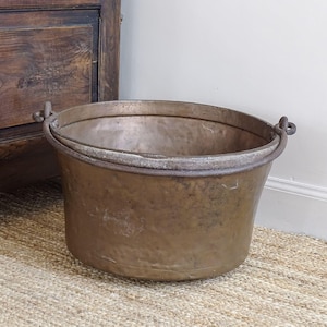 Caldero francés antiguo de cobre, olla grande de cobre, leñero rústico, decoración de granja antigua, cocina campestre de 40 cm