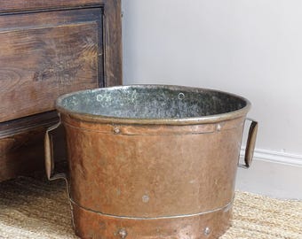 Large French Antique Copper Firewood Storage, Copper Ferrat, Champagne Bucket, Ice Bucket, Log Holder, Rustic Farmhouse, Copper Planter