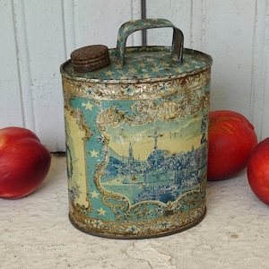 6.6&quot; French Antique Water Flask, Lourdes Souvenir, Antique Tin, Lourdes Water Container, French Religious Item, Catholic Decor