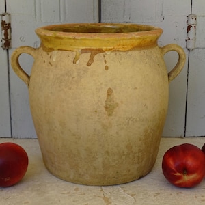 French Antique Confit Pot with Yellow Glaze Interior, Terracotta Pot with Two Handles, Pottery Planter, Ceramic Jar, Rustic Farmhouse