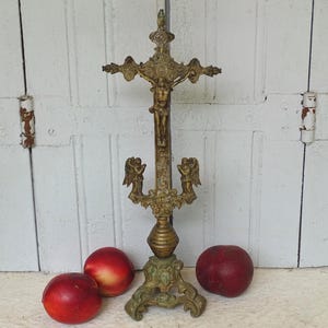 14.7&quot; French Antique Brass Altar Cross, 18th Century Standing Crucifix with Angels, Religious Decor, Catholic Decor, Christ on the Cross