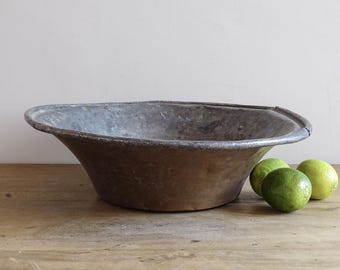 Französische antike Kupferschüssel, Kupferrührschüssel, rustikale Landküche, Bauernhausdekor 15,4 "