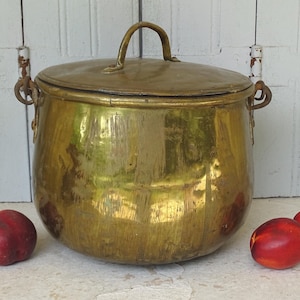 11.6&quot; French Antique Brass Cooking Pot, Old Cauldron with Lid, Brass Cookware, Rustic Antique Kitchen Items, Country Farmhouse Decor