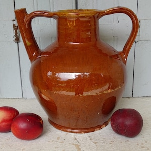 11&quot; Antique French Orjol in a Deep Orange Glaze, Old Pottery Cruche, Ceramic Pitcher, Earthenware Jug, Glazed Terracotta, Farmhouse Decor
