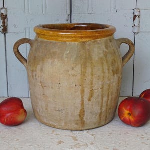10.6&quot; French Antique Terracotta Pot with Yellow Glaze Interior, Old Pottery Confit Jar with Two Handles, Ceramic Jar, Old Rustic Farmhouse