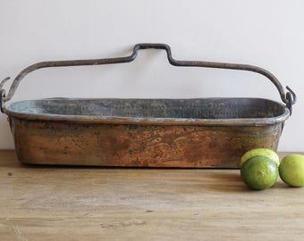 Poissonnière o escalfador de pescado de cobre antiguo francés, sartén de cobre antigua, hervidor de pescado, macetero largo, utensilios de cocina franceses, decoración rústica de 53 cm