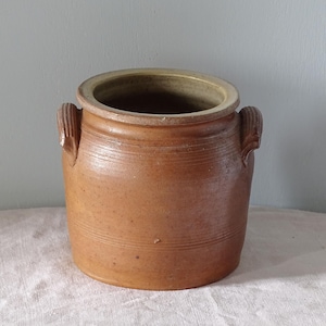 Antik fransk confitburk, brun saltglasyr stengods lerkruka, rustik lantlig inredning 15 cm - USA-tullar inkluderade