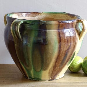 French Antique Ceramic Planter in Green and Yellow Glaze from Castelnaudary, Pottery Jardiniere, Glazed Terracotta Cache Pot 11.8"