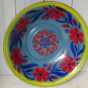 19.9&quot; Large French Vintage Enamelled Bowl with Hand-Painted Flowers, Blue Enamelware Dish, Table Centrepiece, Country Kitchen, Retro Decor