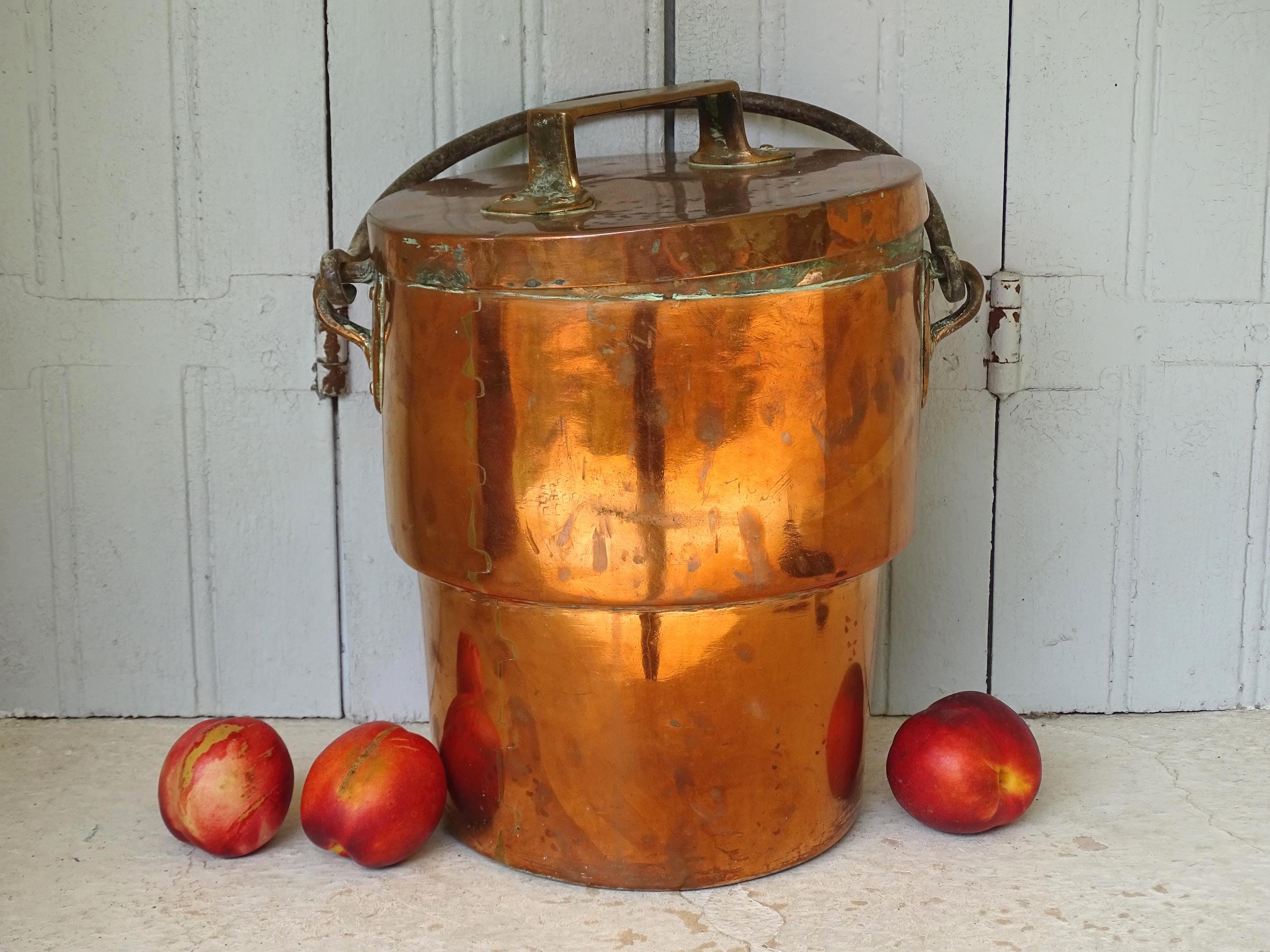 13.8インチのフランス製アンティーク銅製調理鍋（蓋と錬鉄製ハンドル