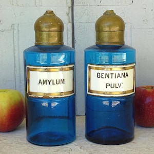 8.7&quot; French Antique Blue Glass Apothecary Bottles Pair with Brass Lids, Old Medicine Jars, Pharmacy Bottles, Chemist Jars, Porcelain Labels