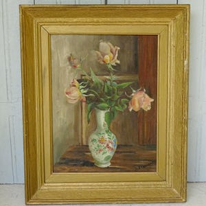 French Antique Still Life Oil Painting in Gold Frame 18.6&quot; x 15.5&quot;, Flowers in a Vase Oil Painting, Floral Still Life, Original Art Gift