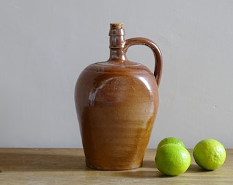 Vintage Stoneware Pitcher, Brown Salt Glazed Pottery Jug, Rustic Ceramic Pot, French Country Kitchen, Farmhouse Decor 10.2"