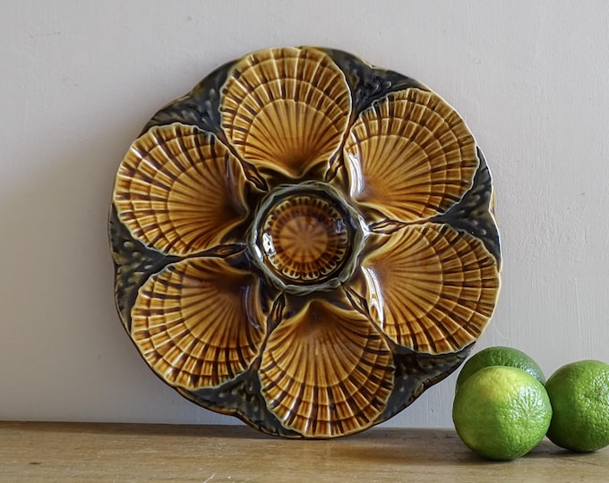 Vintage French Sarreguemines Oyster Plate, Brown Ceramic Seafood Platter USA Duties Included