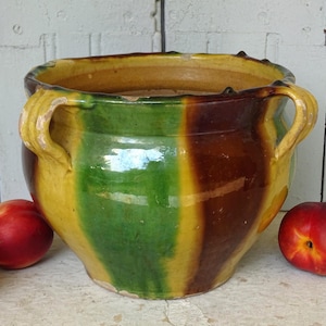 10.2&quot; French Antique Ceramic Planter from Castelnaudary, Glazed Terracotta Pot in Yellow and Green, Pottery Cache Pot, Old Earthenware Pot