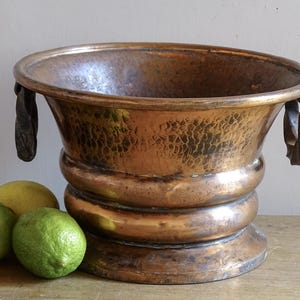 French Antique Copper Planter with Twisted Wrought Iron Handles 9.4"