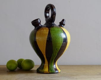 French Antique Pitcher or Gargoulette with Green and Yellow Glaze, Ceramic Jug, Farmhouse Decor 12.8" -USA Duties Included