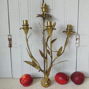 16.5&quot; Italian Vintage Gilt Metal Candle Sconce with Leaves and Flowers, Gold Wall Sconce, Vintage Candelabra, Italian Decor