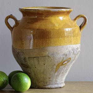 May include: A large, two-handled earthenware vessel featuring a glossy, mustard-yellow glazed upper section and a matte, weathered, light-beige lower body. Three bright green limes are positioned in the foreground to the left of the vessel.