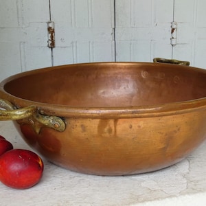 17.5&quot; Large Antique Copper Confiture Pan with Brass Handles, Copper Jam Pan, Preserving Pan, Copper Cookware, Country Farmhouse Kitchen