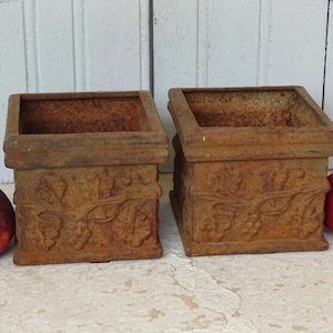 5&quot; Pair of French Antique Cast Iron Planters with Vines, Square Planters, Antique Plant Pots, French Jardinieres, Garden Planter