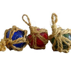 1.8&quot; Collection of Small French Vintage Glass Buoys in Rope Netting, Coloured Glass Fishing Floats, Glass Sphere, Glass Globe, Coastal Decor