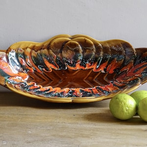 French Vintage Vallauris Pottery Leaf Bowl with Brown Glaze, Provençal Pottery Centrepiece, Mid-Century 15.9" USA Duties Included